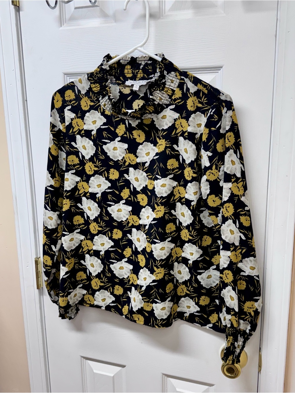 Hayden Los Angeles Floral Smocked High Neck Blouse Black Mustard Small - Picture 7 of 10